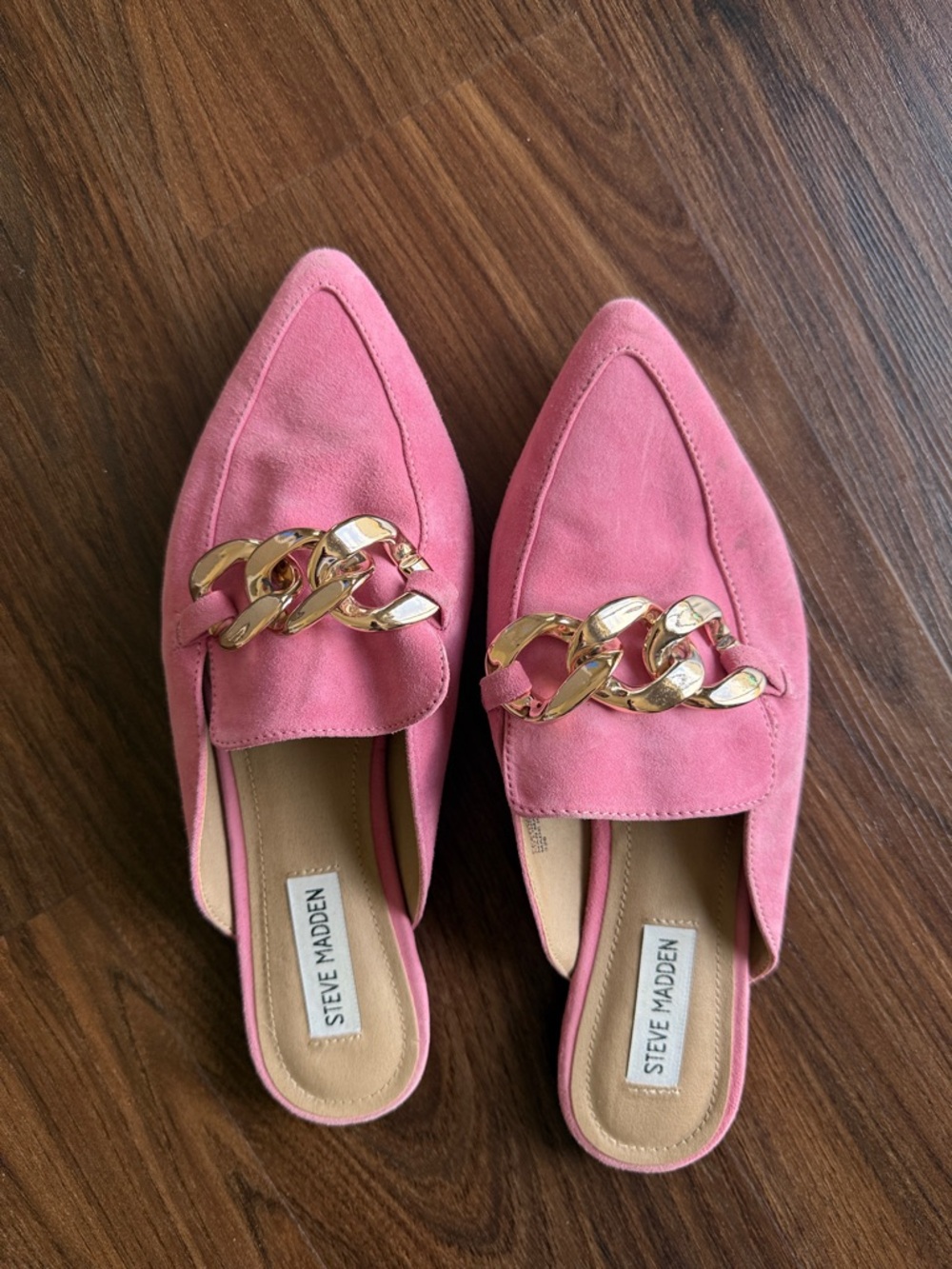 Steve Madden Pink Suede Chain-Detail Pointed Mules